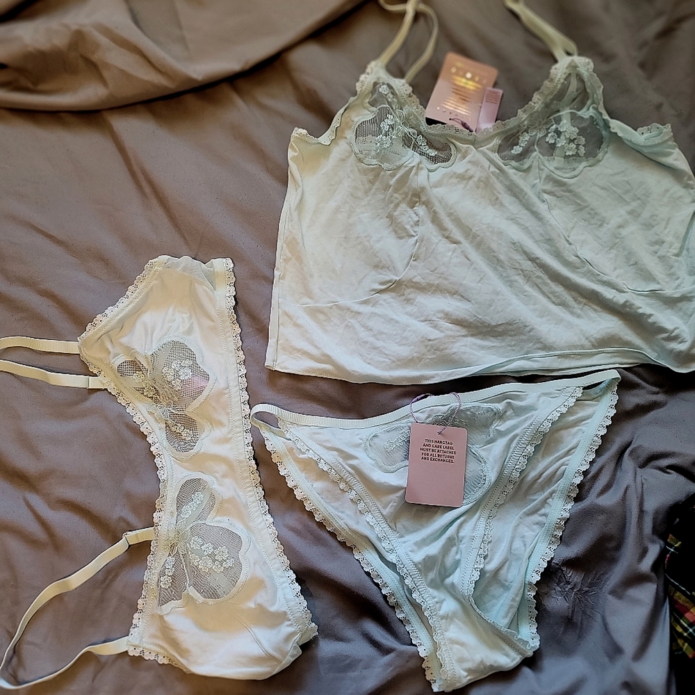 Savage X Fenty A Peek Behind The Lace in Seashell Blue. XL, XL, panty 1x.